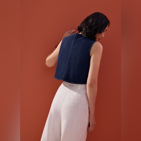 NWT Love, Bonito Relaxed Denim Round Neck Button Down Vest Top in Indigo - Picture 5 of 12